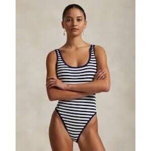 Polo Ralph Lauren Pique stripe scoop tank swimsuit in white and navy Size M NEW